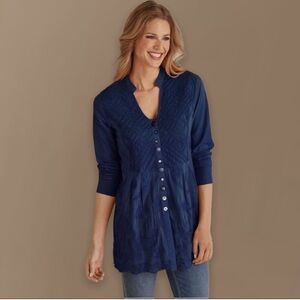 Soft Surroundings Sevilla Tunic Top Large Navy Embroidered‎ Floral Button Up